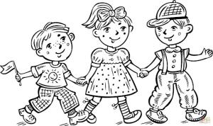 Çocuklar boyama sayfası,  coloring page, Yürüyen üç çocuk, 