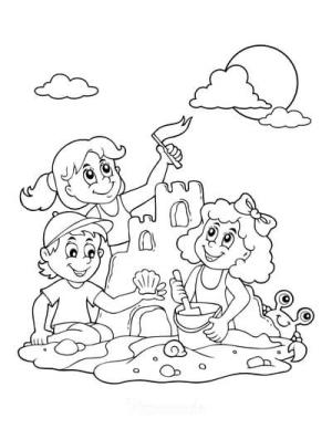 Çocuklar boyama sayfası,  coloring page, Üç Çocuk Kumdan Kaleler İnşa Eder, 