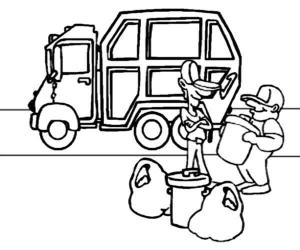 Çöp Kamyonu boyama sayfası,  coloring page, Çöp Kamyonu ve iki Çöp Toplayıcı, 