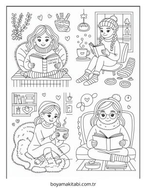Cozy boyama sayfası – PDF indir, sevimli karakter