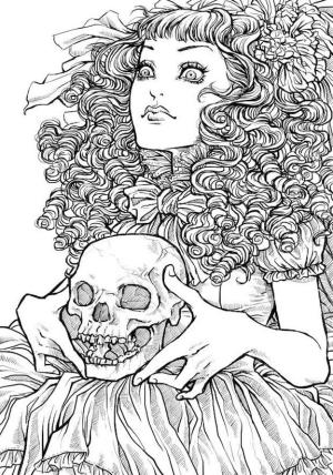 Siniestro boyama sayfası,  coloring page, Kafatası Tutan Korkunç Kız, 