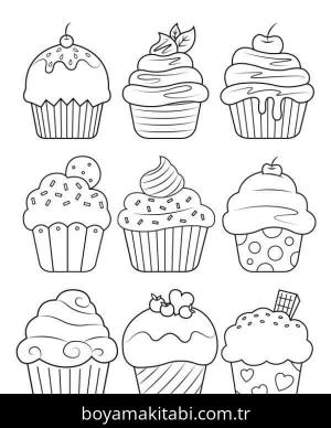 Cupcake boyama sayfası – çizgi film temalı, basit çizim