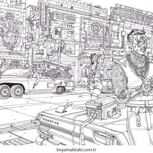 Cyberpunk  boyama sayfası – çizgi film temalı, basit çizim