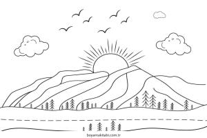 Dağ boyama sayfası – sanatsal çalışma, çocuklar için