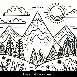 Dağ boyama sayfası – ücretsiz yazdır, boyama etkinliği