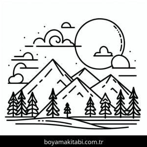 Dağ boyama sayfası – çocuk aktivitesi, PDF indir