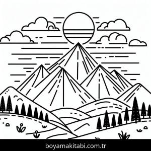 Dağ boyama sayfası – sevimli karakter, sanatsal çalışma