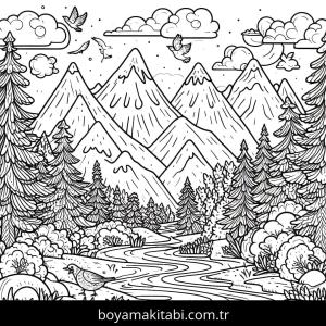 Dağ boyama sayfası – keyifli zaman, renkli çizimler