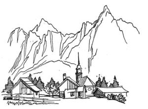 Dağ boyama sayfası,  coloring page, Dağlar ve Kasaba, 