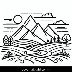 Dağ boyama sayfası – basit çizim, kolay boyama