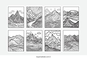 Dağ boyama sayfası – çizgi film temalı, basit çizim