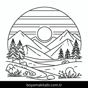 Dağ boyama sayfası – çizgi film temalı, basit çizim