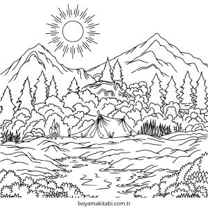 Dağ boyama sayfası – evde etkinlik, ücretsiz yazdır
