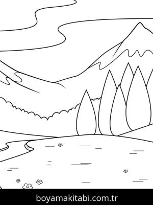 Dağ boyama sayfası – çocuk aktivitesi, PDF indir