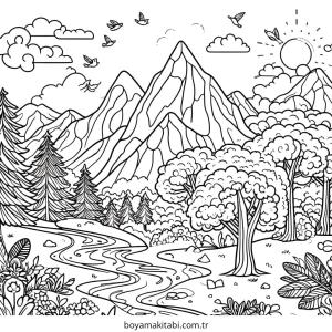 Dağ boyama sayfası – sevimli karakter, sanatsal çalışma