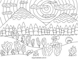 Dağ boyama sayfası – renkli çizimler, okul öncesi