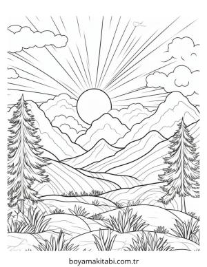 Dağ boyama sayfası – basit çizim, kolay boyama