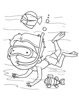 Dalış boyama sayfası,  coloring page, İki Balıkla Dalış Çocuk, 