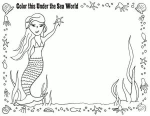 Deniz Canlılar boyama sayfası,  coloring page, Küçük bir deniz kızı ile kartpostal., 