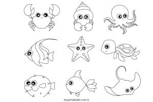 Deniz Hayvanları boyama sayfası – basit çizim, kolay boyama