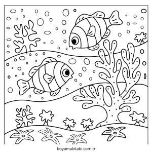 Deniz Hayvanları boyama sayfası – sevimli karakter, sanatsal çalışma