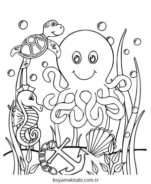Deniz Hayvanları boyama sayfası – okul öncesi, evde etkinlik