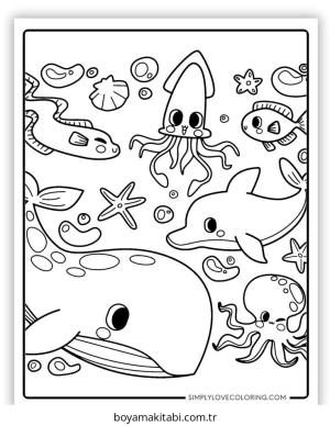 Deniz Hayvanları boyama sayfası – evde etkinlik, ücretsiz yazdır