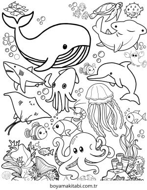 Deniz Hayvanları boyama sayfası – keyifli zaman, renkli çizimler