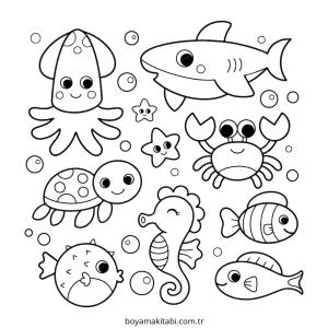 Deniz Hayvanları boyama sayfası – PDF indir, sevimli karakter
