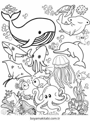 Deniz Hayvanları boyama sayfası – sevimli karakter, sanatsal çalışma