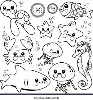 Deniz Hayvanları boyama sayfası – renkli çizimler, okul öncesi