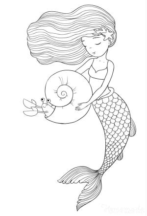 Deniz Kızı boyama sayfası, Mermaid coloring page, Sevimli Deniz Kızı ve Yengeç, 