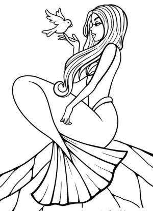 Deniz Kızı boyama sayfası, Mermaid coloring page, Deniz Kızı ve Bir Kuş, 