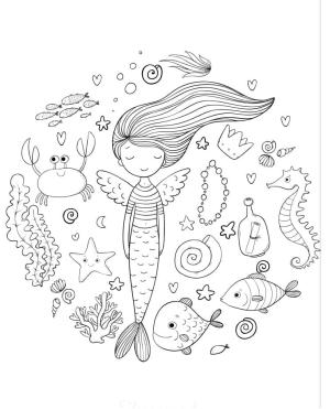 Deniz Kızı boyama sayfası, Mermaid coloring page, Sevimli Deniz Kızı ve Deniz Hayvanları, 