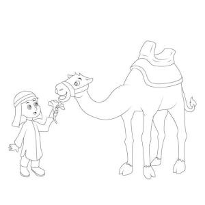 Deve boyama sayfası, Camel coloring page, Deveye çiçek Veren çocuk, 