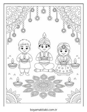 Diwali boyama sayfası – PDF indir, sevimli karakter