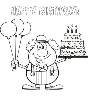 Doğum Günün Kutlu Olsun boyama sayfası,  coloring page, Doğum Günü Pastası ve Balon tutan Palyaço, 