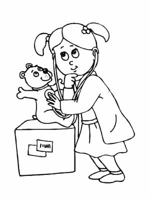 Doktor boyama sayfası,  coloring page, Smiling Kid Girl Doctor with Teddy Bear, 