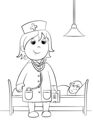 Doktor boyama sayfası,  coloring page, Gülümseyen Kadın Doktor ve Uyuyan Çocuk, 