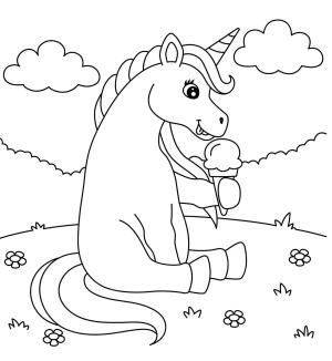 Dondurma boyama sayfası,  coloring page, Tek Boynuzlu At Dondurma Yiyor, 