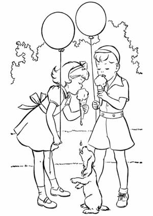 Dondurma boyama sayfası,  coloring page, İki çocuk bir Köpekle Dondurma Yiyor, 