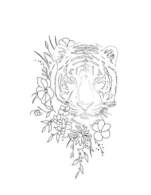 Dövme boyama sayfası, coloring page, Yaprakları ve Çiçekleri Dövmeli Kaplan,