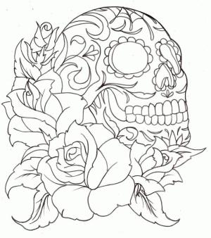 Dövme boyama sayfası, coloring page, Gül Dövmeli Kafatası,