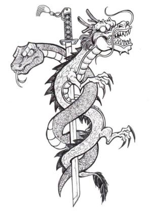 Dövme boyama sayfası, coloring page, Kılıç Dövmeli Ejderha ve Yılan,