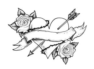 Dövme boyama sayfası, coloring page, Kalp ve Gül Dövmesi,