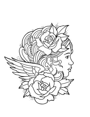 Dövme boyama sayfası, coloring page, Gül ve Kanat Dövmeli Kadın,