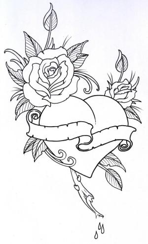 Dövme boyama sayfası, coloring page, Gül Kalp Dövmesi,