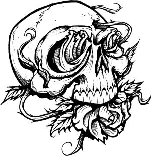 Dövme boyama sayfası, coloring page, Gül ve Çiçek Dövmeli Kafatası Çizimi,