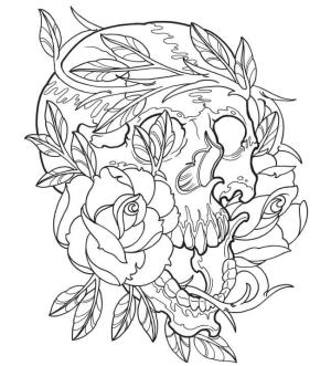 Dövme boyama sayfası, coloring page, Gül ve Çiçek Dövmeli Temel Kafatası,