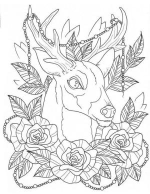 Dövme boyama sayfası, coloring page, Gül ve Yapraklı Geyik Dövmesi,
